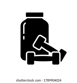 Cutout silhouette Can of sports nutrition and two dumbbells. Outline icon of muscle building protein whey. Black simple illustration. Flat isolated vector image on white background