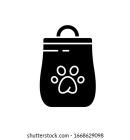 Cutout Silhouette Cat Litter Toilet Or Dog Food Package. Bag With Handle And Paw Print Logo. Black Illustration For Pet Products And Shop. Flat Isolated Vector Icon On White Background