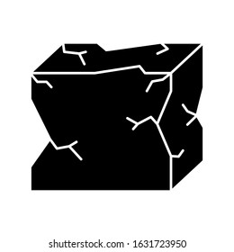 Cutout silhouette Crumpled cube box icon. Black illustration of damage, breakage, pain, damnification. Outline logo of building materials, cracked stone. Flat isolated vector image on white background