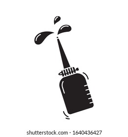 Cutout silhouette Falling Oiler with splash of drops. Bottle with lubricating oil, glue, gel paint. Outline icon of gear lubrication. Black illustration. Flat isolated vector image on white background