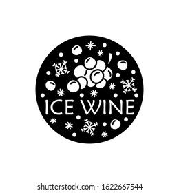 Cutout silhouette icewine logo. Flat round icon. Grapes with snowflakes and text. Hand drawn vector drink concept. Black illustration for dessert wine design. Isolated sticker on white background