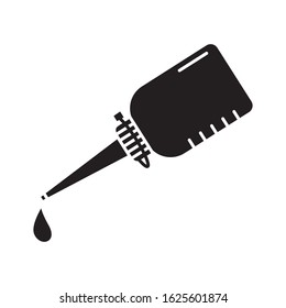 Cutout silhouette Inclined oiler with dripping drop of lubricating oil. Outline icon of gear lubrication. Black illustration. Flat isolated vector on white background. Bottle with glue, gel, paint