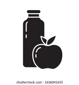 Cutout silhouette juice bottle with apple or peach icon. Outline template for fruit drink. Black and white simple illustration. Flat hand drawn isolated vector image on white background