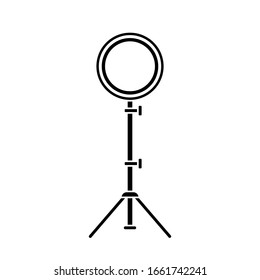 Cutout silhouette Led ring lamp on tripod. Outline icon. Black simple illustration of light for selfie, blogger, beauty master. Flat isolated vector image on white background