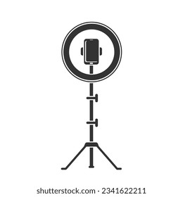 Cutout silhouette Led ring lamp icon on tripod with smartphone. Outline icon. Black simple illustration of light for selfie, blogger. Flat isolated vector