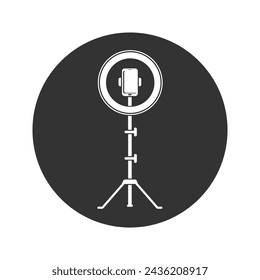 Cutout silhouette Led ring lamp icon on tripod with smartphone. Outline icon. Black simple illustration of light for selfie, blogger. Flat isolated vector