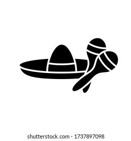 Silueta de corte con sombrero mexicano con maracas. Icono de contorno de la diversión de atributos tradicionales. Ilustración accesoria simple negra, sombrero y rattles. Pictograma vector plano aislado sobre fondo blanco