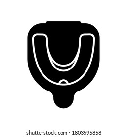 Cutout Silhouette Of Mouthguard In Box. Outline Icon Of Storage Container. Black Simple Illustration Of Anti Snoring. Sport Accessory Protects Teeth. Flat Isolated Vector Pictogram, White Background
