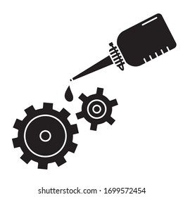 Cutout silhouette Oiler with dripping drop of oil lubricating two spinning gears. Outline icon of motor oil. Black illustration. Flat isolated vector image on white background. Bottle grease mechanism