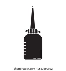 Cutout silhouette Oiler with lubricating oil icon. Outline logo of gear lubrication. Black simple illustration. Flat isolated vector image on white background. Bottle with long nose and removable cap