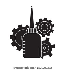 Cutout silhouette Oiler with three cogwheels in background. Outline icon of motor lubricating oil. Black and white simple illustration. Flat isolated vector image. Bottle with long nose and gears