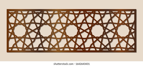 Cutout silhouette panel with ornamental geometric arabic pattern. Template for printing, laser cutting stencil, engraving. Room Divider. Vector illustration. Ratio 3:1.