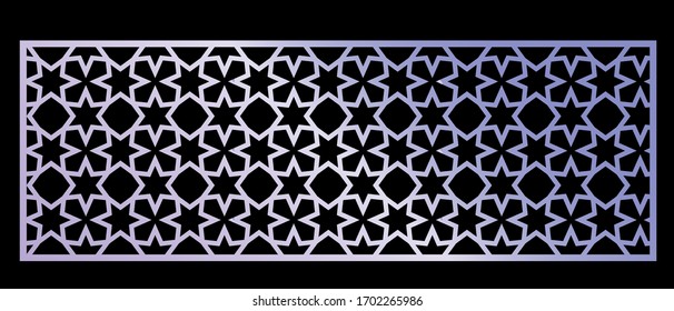 Cutout silhouette panel with ornamental geometric arabic pattern. Template for printing, laser cutting stencil, engraving. Vector illustration. Isolated on black background.