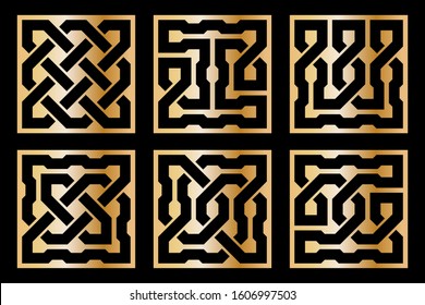 Cutout silhouette panels set with ornamental geometric Celtic knot pattern. Template for printing, laser cutting stencil, engraving. Vector illustration.
   Isolated on black background.