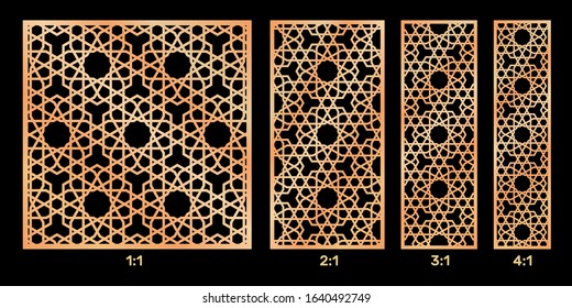 Cutout silhouette panels set with ornamental geometric arabic pattern. Template for printing, laser cutting stencil, engraving. 
    Vector illustration. Ratio: 1:1, 2:1, 3:1, 4:1.