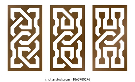 Cutout silhouette panels set with ornamental geometric Celtic knot pattern. Template for printing, laser cutting stencil, engraving. Vector illustration.