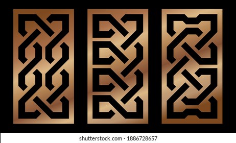 Cutout silhouette panels set with ornamental geometric Celtic knot pattern. Template for printing, laser cutting stencil, engraving. Vector illustration.