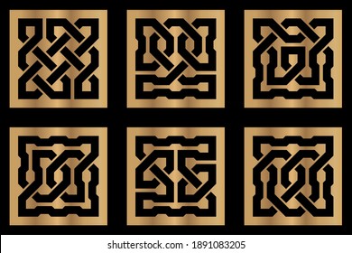Cutout silhouette panels set with ornamental geometric Celtic knot pattern. Template for printing, laser cutting stencil, engraving. Vector illustration.

