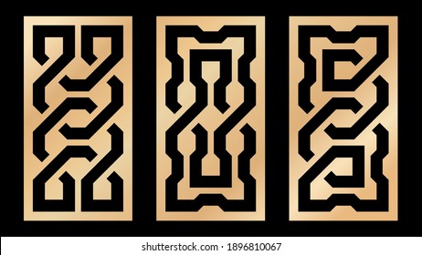 Cutout silhouette panels set with ornamental geometric Celtic knot pattern. Template for printing, laser cutting stencil, engraving. Vector illustration.