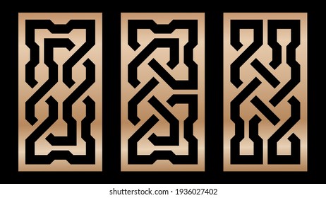 Cutout silhouette panels set with ornamental geometric Celtic knot pattern. Template for printing, laser cutting stencil, engraving. Vector illustration.