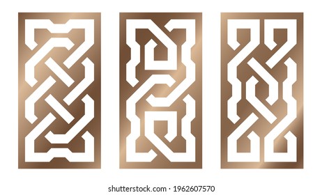 Cutout silhouette panels set with ornamental geometric Celtic knot pattern. Template for printing, laser cutting stencil, engraving. Vector illustration.