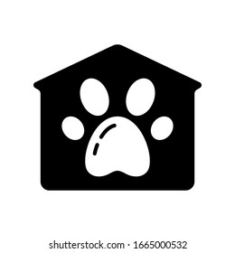 Cutout silhouette Pet house with paw print icon. Outline logo. Black simple illustration. Flat isolated vector image on white background. Symbol for dog or cat home packaging design