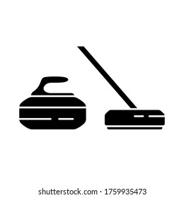 Cutout silhouette Set of curling stone and broom. Outline icon of sport equipment. Black simple illustration. Flat isolated vector image on white background