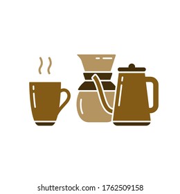 Cutout silhouette set of dishes for making drip coffee. Pour over coffee maker, cup with hot drink, punch pot with long nose. Color outline icon. Flat isolated vector illustration, white background