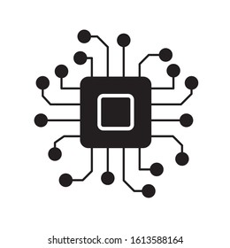 Cutout silhouette square microchip with wires icon. Outline logo digital tech, computer system. Black illustration. Flat isolated vector image on white background. Symbol of high technology industry