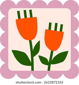 Cutout simple flowers postage stamps. Floral in vintage square frame vector illustration