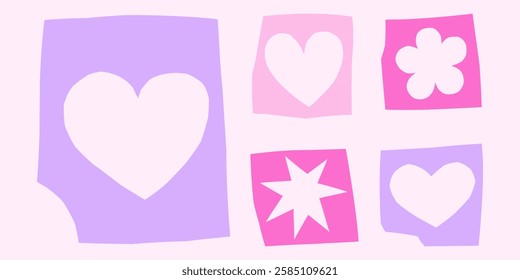 Cutout simple paper pieces with holes. Abstract hearts, stars, flower vector shapes