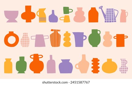 Cutout simple pottery vector illustration set. Flowers vase, pot, jug, watering, can, bottle clipart