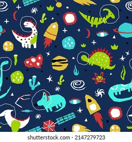 Cutout style dino in space seamless pattern. Vector illustration. Color print on dark blue background