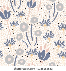 Cutout style flowers seamless vector pattern. Floral botanics in pastel color modern pallete fro fabric print.
