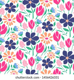 Cutout style flowers seamless vector pattern. Artistic florals and plants fabric textile print pink purple background.