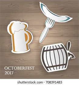 Cutout style labels, badges and logos set. Beer festival Oktoberfest celebration stickers. Vector illustration. Beer mug, barrel and sausage. Traditional festive food and drinks. Template and mock-up