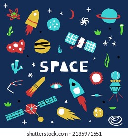 Cutout style space icons set. Vector illustration. Color print on dark blue background