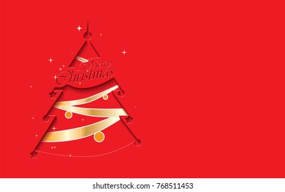 Cutout stylized red Christmas tree with text Merry Christmas and golden decoration.Empty place for your text.Vector illustration for holiday greeting.