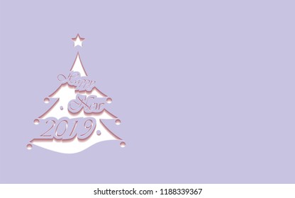 Cutout stylized white Christmas tree with text Happy New 2019 isolated on a purple background