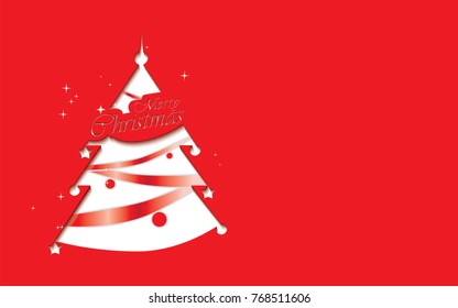 Cutout stylized white Christmas tree with text Merry Christmas and red decoration.Empty place for your text.Vector illustration for holiday greeting.