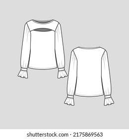 Cutout Top Crew Neck Fashion front cutout Long Sleeve gathering Ruffle Hem frill  t shirt blouse flat sketch technical drawing template design vector