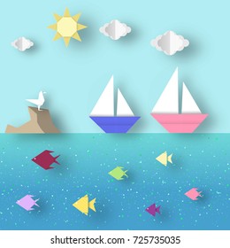 Cutout Trend. Paper Origami Landscape with Ship Sails Past the Reef with a Seagull. Cut Seascape. Amazing Papercut Style. Kids Gull, Ship, Fish, Clouds, Sun. Vector Graphics Illustrations Art Design.