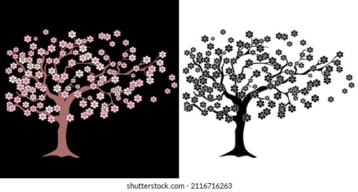 cutout vector illustration of a cherry blossom tree, one color tree on a black background and one in black silhouette on a white background. 