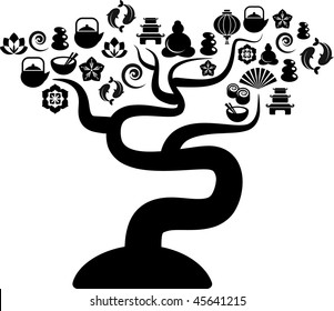 Árbol vectorial de corte con flores e iconos orientales