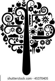 Cutout vector tree with icons of birds, butterflies and flowers