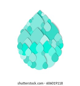 Cutout water drops in shape of large water drop. Paper collage. Vector icon.  3d geometric design for banner, cover, brochure, flyer, template. 