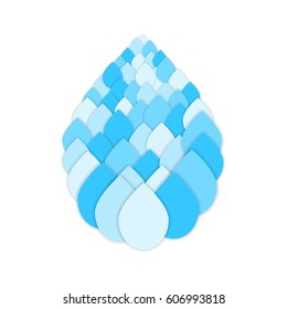 Cutout water drops in shape of large water drop. Paper collage. Vector icon.  3d geometric design for banner, cover, brochure, flyer, template. International water day concept