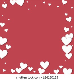 Cutout white paper hearts. Chaotic border with cutout white paper hearts on crimson background. Vector illustration.