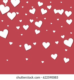 Cutout white paper hearts. Top gradient with cutout white paper hearts on crimson background. Vector illustration.