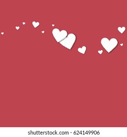 Cutout white paper hearts. Top wave with cutout white paper hearts on crimson background. Vector illustration.